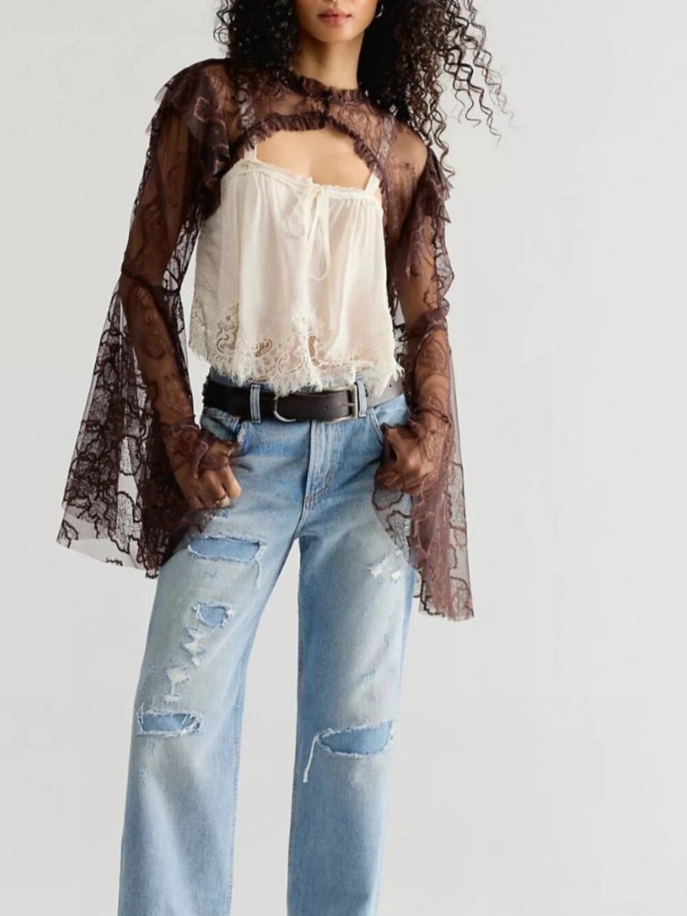 Free People Willow Lace Bolero Shrug Cropped Top Floral Lace Ruffle XS/S 290732